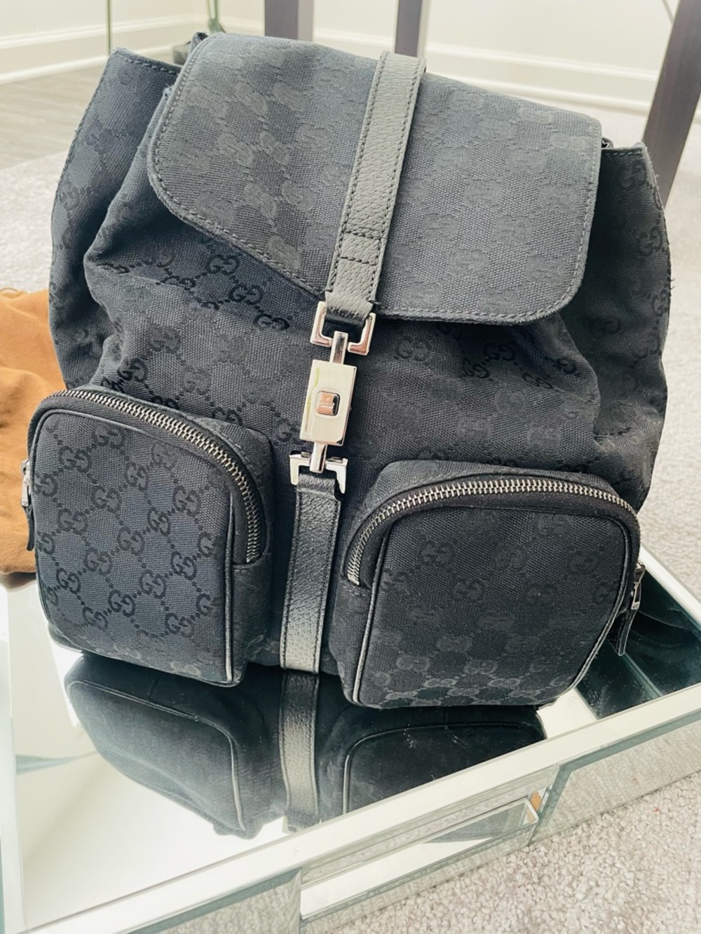 Gucci Black GG Canvas Backpack with Front Pockets